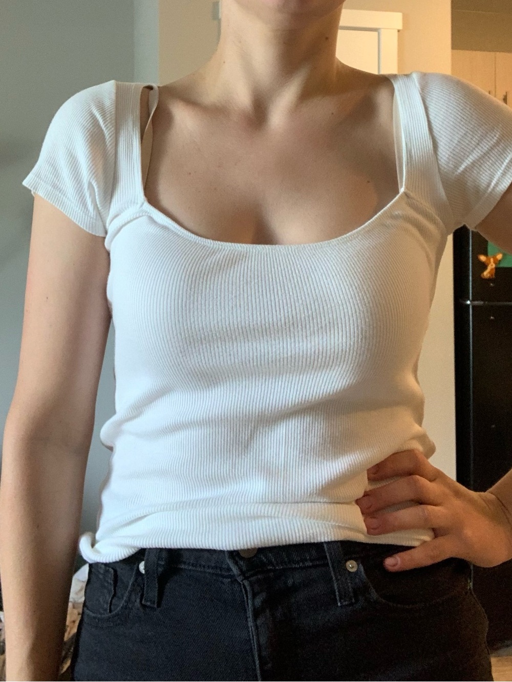 TNA White Ribbed Square Neck T-shirt